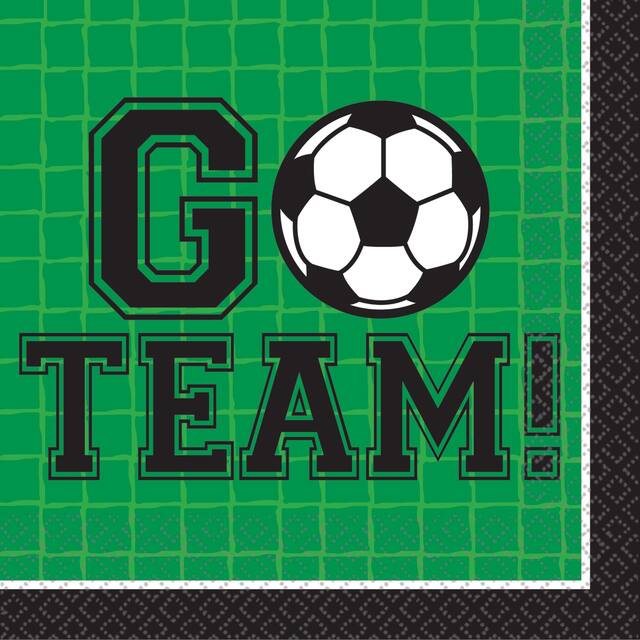 Soccer "Go Team!" Square Paper Disposable Beverage Napkins, Green, 5-in, 36-pk, 2-ply, for Sports Party Overhead_Flat