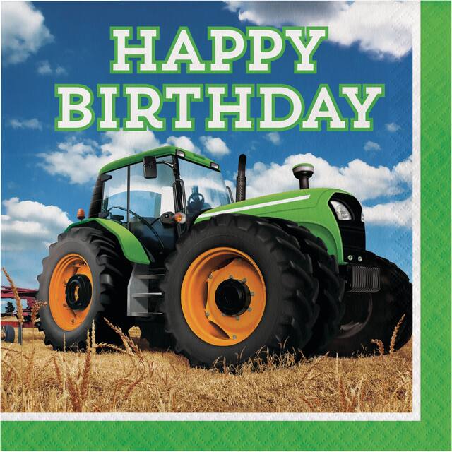 Serviettes de table Happy Birthday avec tracteur, paq. 16 Front_Flat