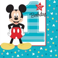 1st Birthday Party Mickey Mouse Beverage Napkins, 5-in, 16-pk Front_Flat