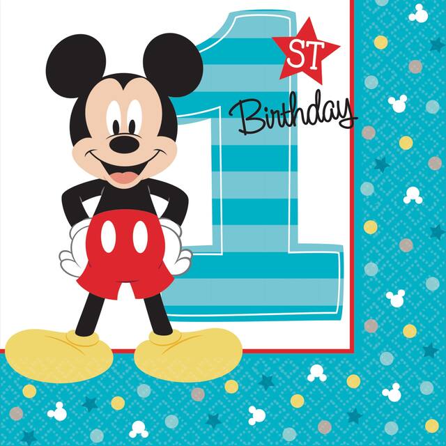 Serviettes à boissons pour fête 1er anniversaire Mickey Mouse, 5 po, paq. 16 Front_Flat