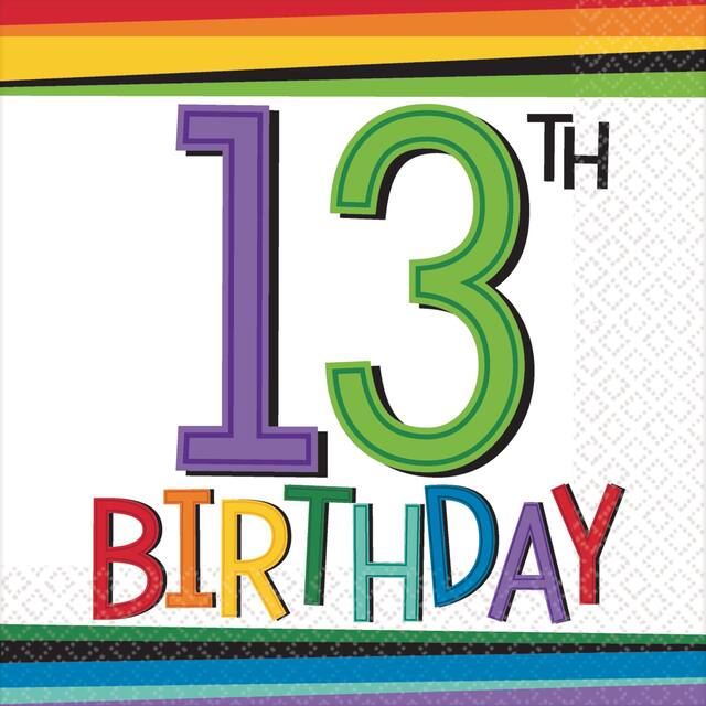 Serviettes à boissons 13e anniversaire arc-en-ciel, paq. 16 Front_Flat