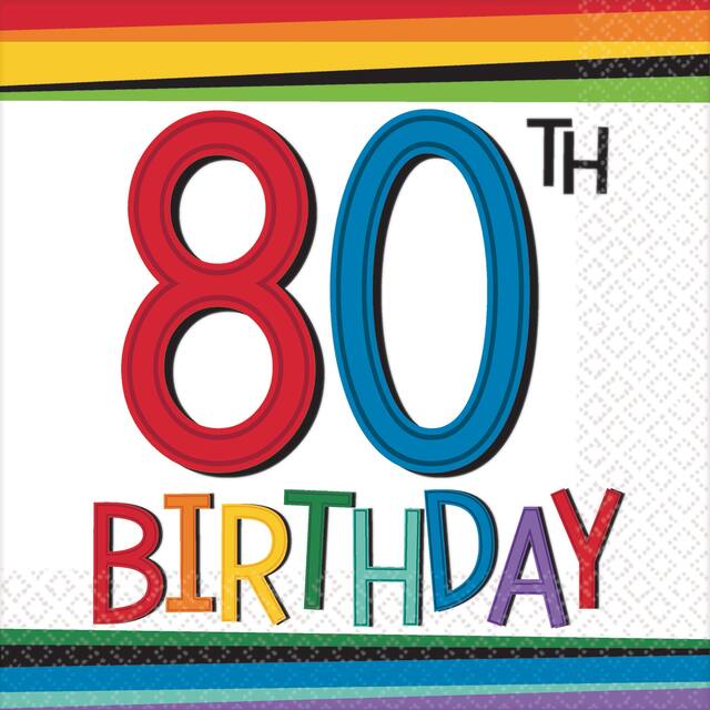 Rainbow 80th Birthday Beverage Napkins, 16-pk Front_Flat