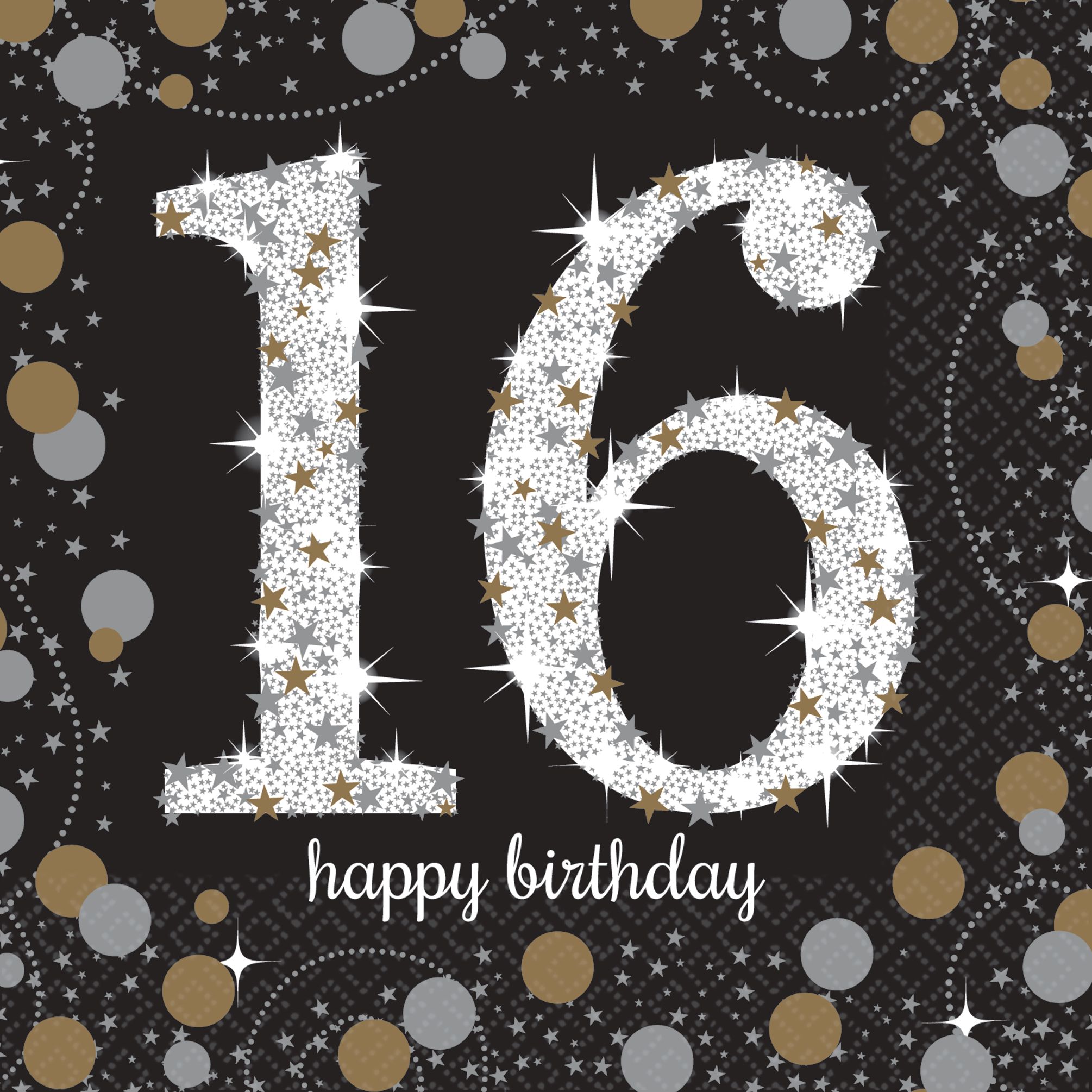 Milestone 16th Birthday Party Beverage Napkins, Black/Silver/Gold, 16-pk Overhead_Flat