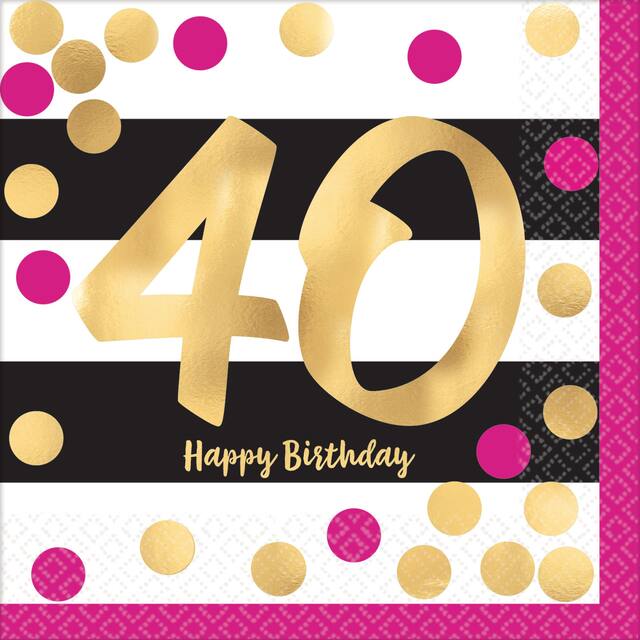 Milestone 40th Birthday Party Beverage Napkins, Metallic Pink/Gold, 16-pk Overhead_Flat