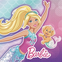 Serviettes à boissons pour fête d'anniversaire, sirène Barbie, petit, 5 po, paq. 16 Overhead_Flat