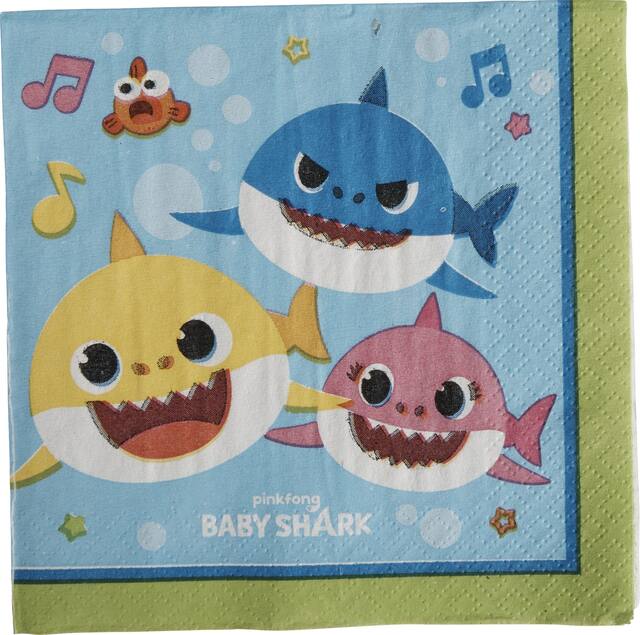 Baby Shark Square Paper Disposable Beverage Napkins, Blue/Green, 5-in, 16-pk, 2-ply, for Birthday Party Overhead_Flat