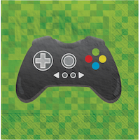 Level Up Square Paper Disposable Beverage Napkins, Green, Game Controller, 5-in, 16-pk, 2-ply, for Birthday Party