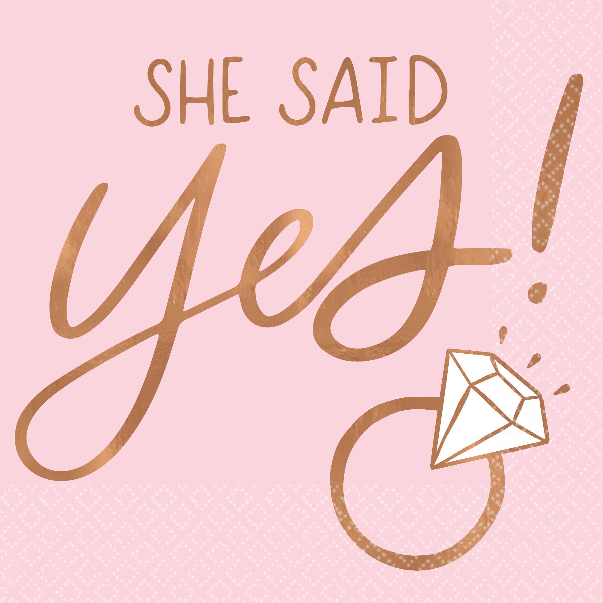 Blush Bride "She Said Yes" Square Paper Disposable Beverage Napkins, Pink/Rose Gold, Diamond Ring, 5-in, 16-pk, 2-ply, for Engagement/Bridal Shower Overhead_Flat
