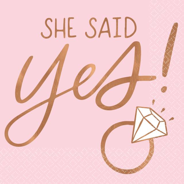 Blush Bride "She Said Yes" Square Paper Disposable Beverage Napkins, Pink/Rose Gold, Diamond Ring, 5-in, 16-pk, 2-ply, for Engagement/Bridal Shower Overhead_Flat