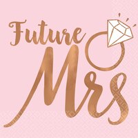 Blush Bride "Future Mrs" Square Paper Disposable Beverage Napkins, Pink/Rose Gold, 5-in, 16-pk, 2-ply, for Engagement/Bridal Shower/Bachelorette