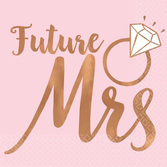 Blush Bride "Future Mrs" Square Paper Disposable Beverage Napkins, Pink/Rose Gold, 5-in, 16-pk, 2-ply, for Engagement/Bridal Shower/Bachelorette Overhead_Flat