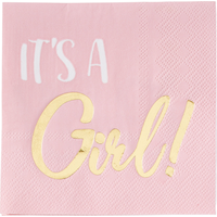 Oh Baby "It's a Girl" Square Paper Disposable Beverage Napkins, Pink/Gold, 5-in, 16-pk, 2-ply, for Baby Shower/Gender Reveal Overhead_Flat