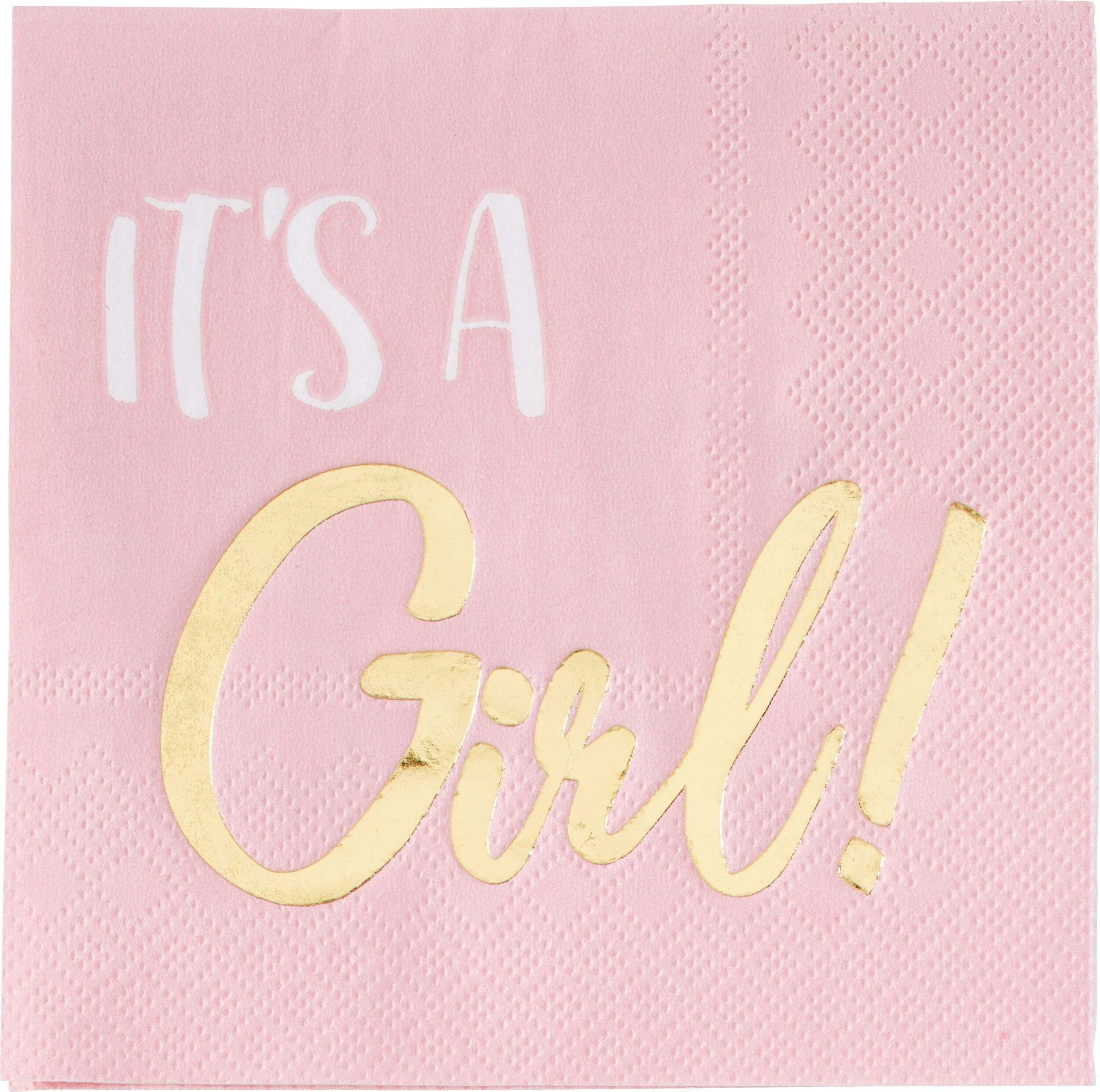 Serviettes à boissons rose et or métallique It's a Girl, paq. 16 Overhead_Flat