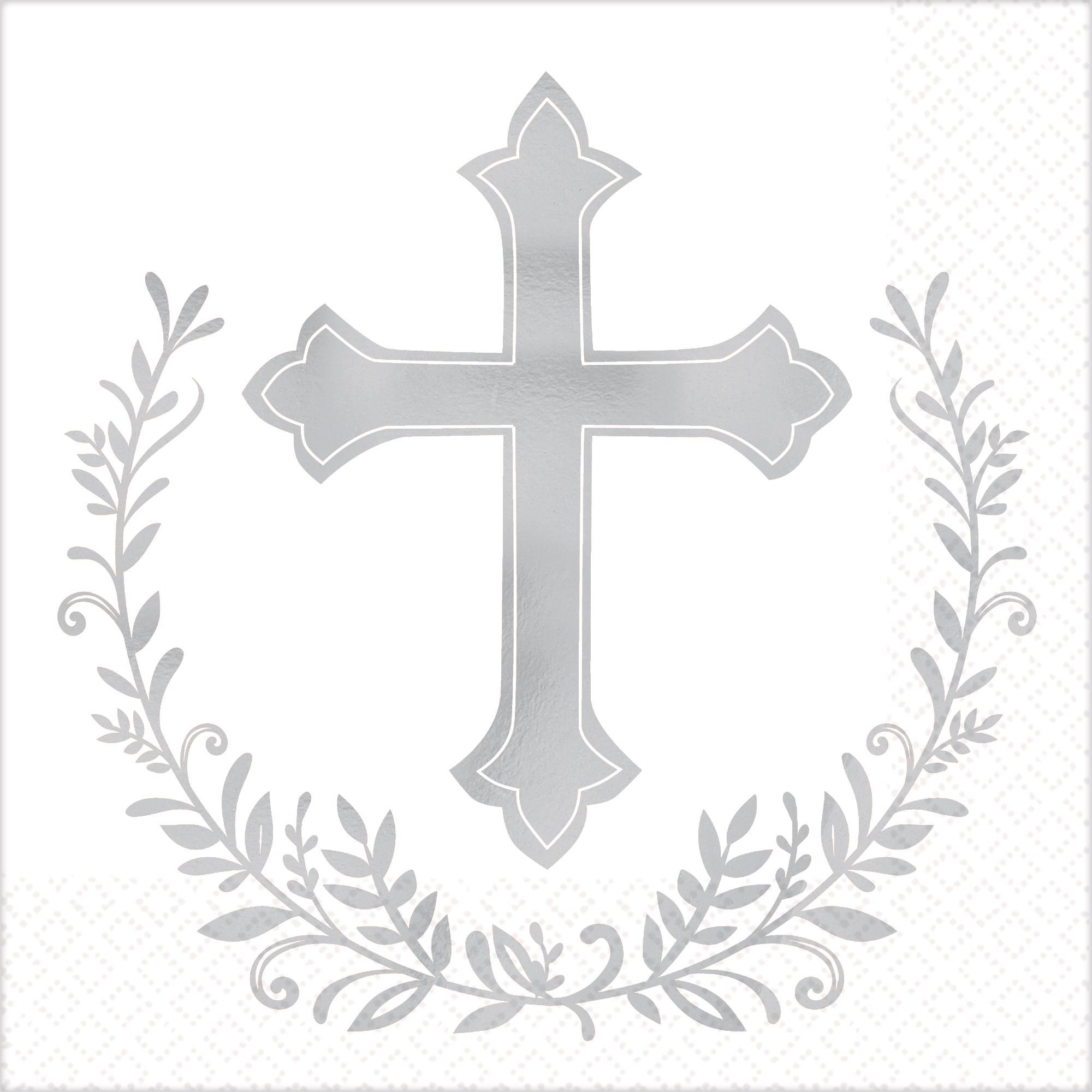 Holy Day Square Paper Disposable Beverage Napkins, Silver/White, Cross, 5-in, 16-pk, 2-ply, for First Communion/Religious Party Overhead_Flat