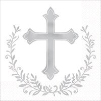 Holy Day Square Paper Disposable Beverage Napkins, Silver/White, Cross, 5-in, 16-pk, 2-ply, for First Communion/Religious Party Overhead_Flat