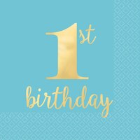 Serviettes de table de première qualité bleu métallique et doré pour 1er&nbsp;anniversaire, paq. 16 Front_Flat