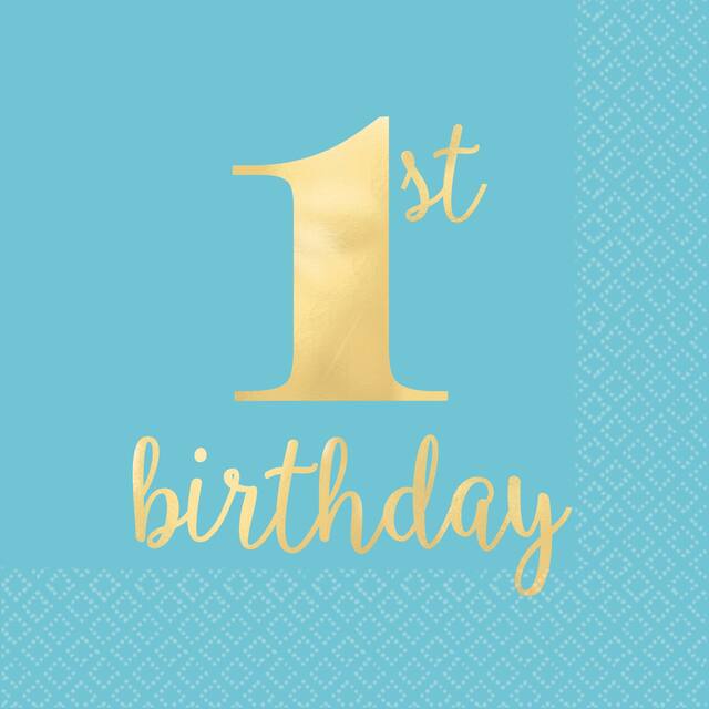 Serviettes de table de première qualité bleu métallique et doré pour 1er&nbsp;anniversaire, paq. 16 Front_Flat