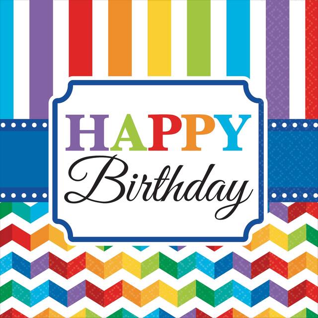 Serviettes de table Anniversaire chevron arc-en-ciel, paq. 16 Front_Flat