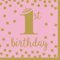 1st Birthday Lunch Napkins, Pink/Gold, 6.5-in, 16-pk Front_Flat
