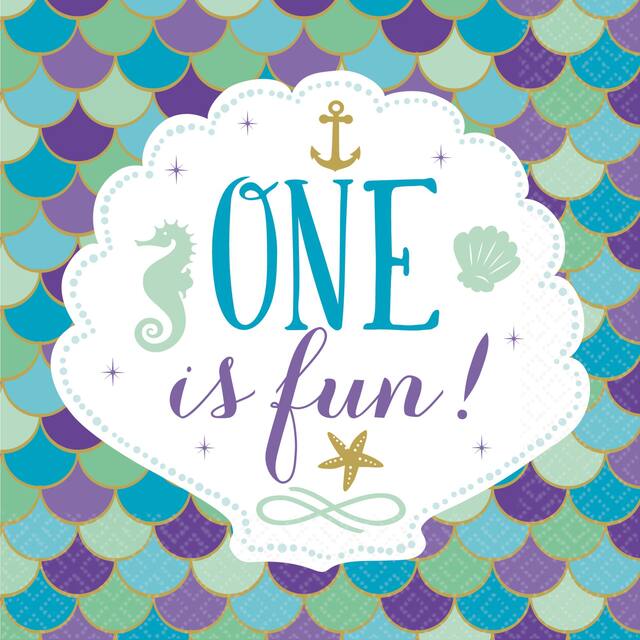 Serviettes de table pour fête 1er anniversaire, sirène enchantée, 6,5 po, paq. 16 Overhead_Flat