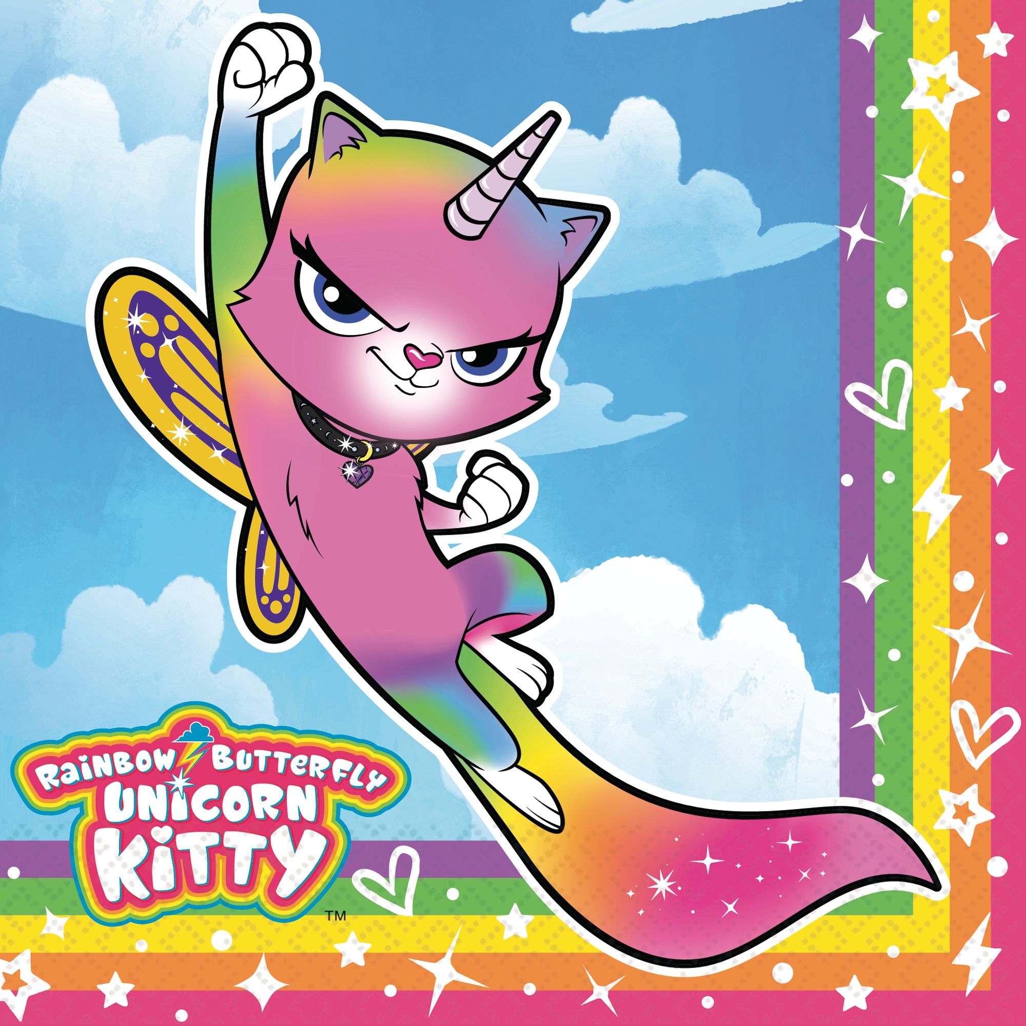 Rainbow Butterfly Unicorn Kitty Lunch Napkins, 16-pk Overhead_Flat