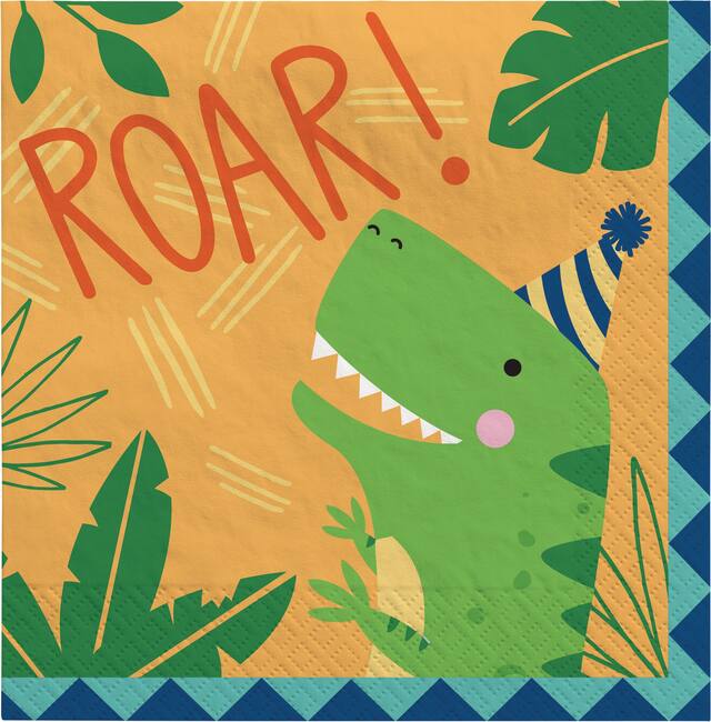 Dino-Mite "Roar" Square Paper Disposable Lunch Napkins, Orange/Green, 6.5-in, 16-pk, 2-ply, for Birthday Party Front_Flat