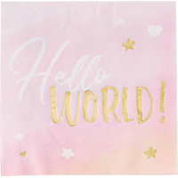 Oh Baby "Hello World" Square Paper Disposable Lunch Napkins, Pink, 6.5-in, 16-pk, 2-ply, for Baby Shower/Gender Reveal