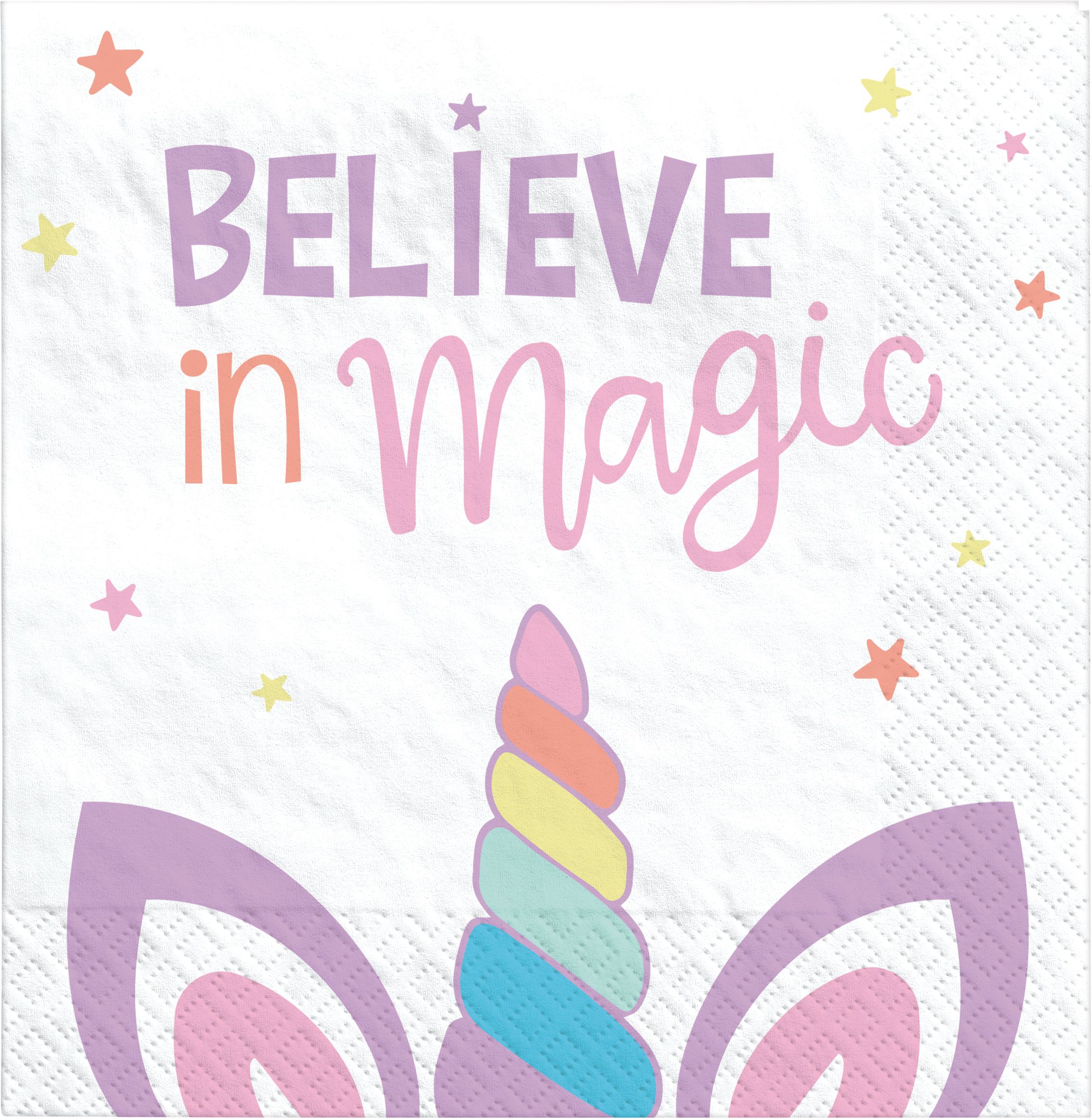 Unicorn "Believe in Magic" Square Paper Disposable Lunch Napkins, White/Purple, 6.5-in, 16-pk, 2-ply, for Birthday Party Overhead_Flat