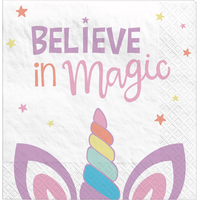 Unicorn "Believe in Magic" Square Paper Disposable Lunch Napkins, White/Purple, 6.5-in, 16-pk, 2-ply, for Birthday Party Front_Flat
