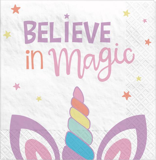 Unicorn "Believe in Magic" Square Paper Disposable Lunch Napkins, White/Purple, 6.5-in, 16-pk, 2-ply, for Birthday Party Front_Flat