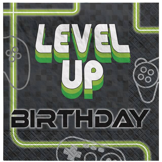 Level Up "Birthday" Square Paper Disposable Lunch Napkins, Black/Green, 6.5-in, 16-pk, 2-ply, for Birthday Party Front_Flat