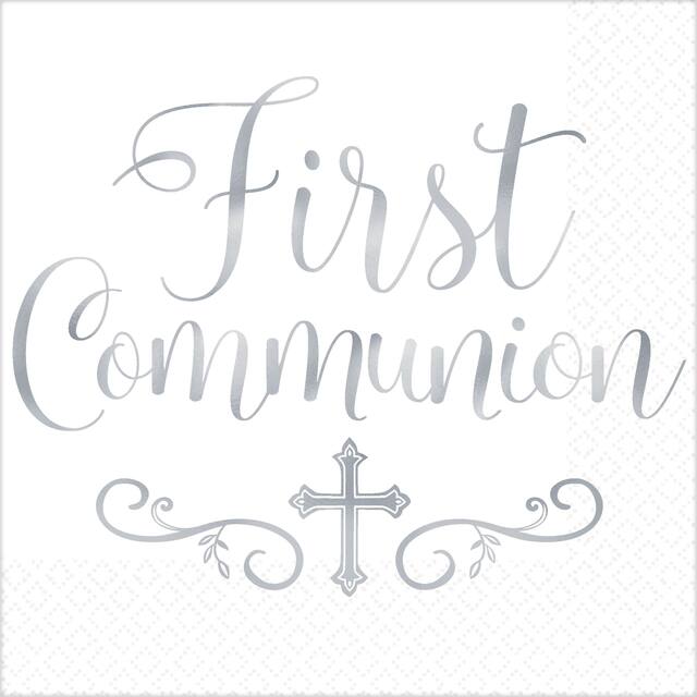 Serviettes de table de première communion en argent métallisé, paq. 16 Overhead_Flat