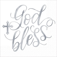 Holy Day "God Bless" Square Paper Disposable Lunch Napkins, Silver/White, 6.5-in, 16-pk, 2-ply, for First Communion/Religious Party Overhead_Flat