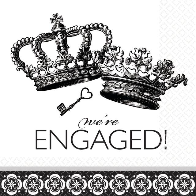 Serviettes à boissons damassées We're Engaged, noir et blanc, paq. 36 Front_Flat