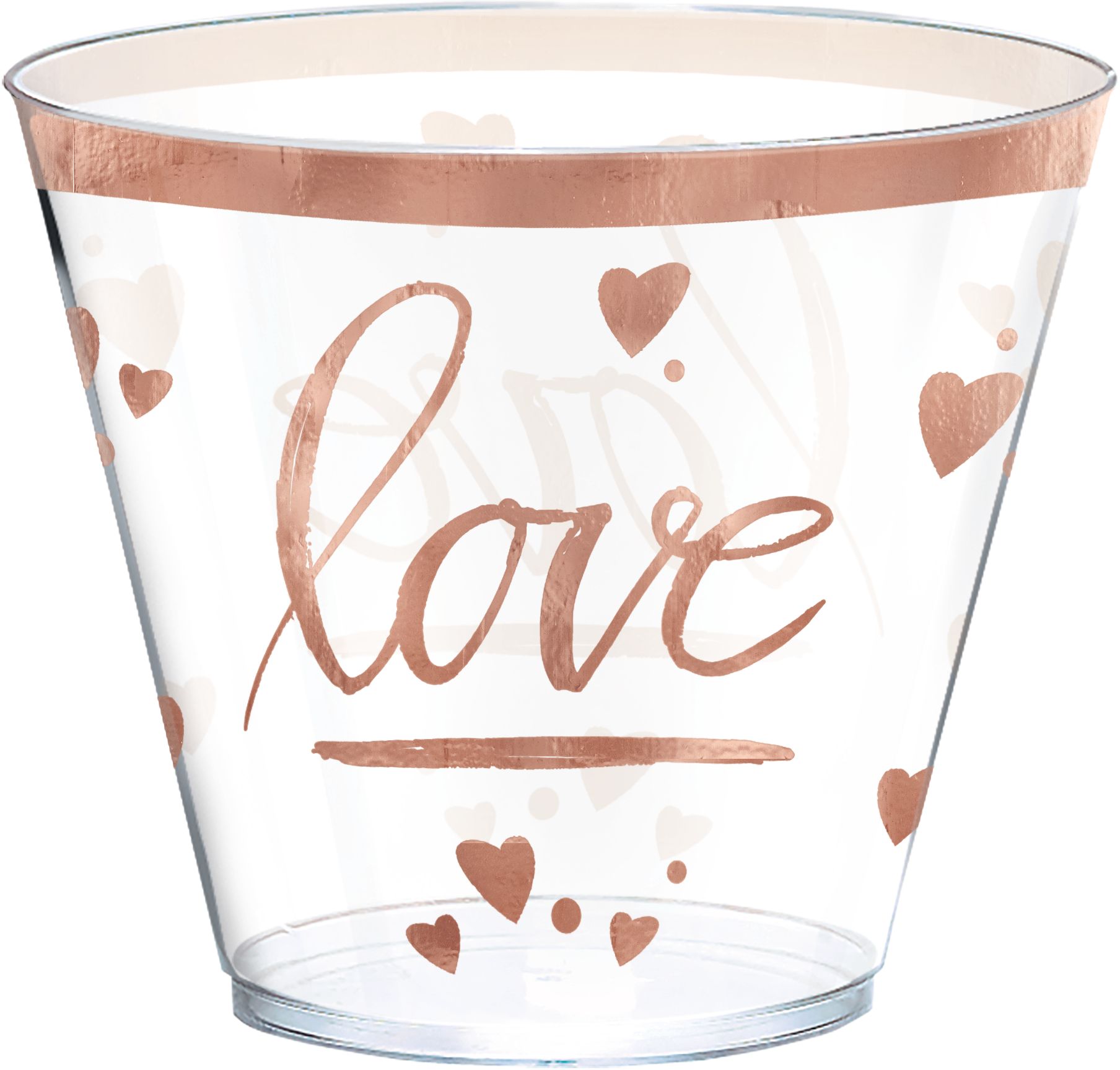 "Love" Bordered Trimmed Plastic Reusable Tumbler Cups, Rose Gold, Heart, 9-oz, 30-pk, for Bridal Shower/Bachelorette/Engagement Party Front_Elevated