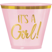 "It's a Girl!" Plastic Reusable Tumbler Cups, Pink/Gold, 9-oz, 30-pk, for Baby Shower/Gender Reveal Front_Flat