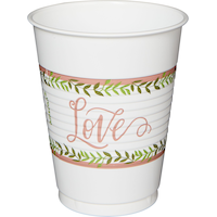 "Love" Plastic Reusable Cups, White/Pink, Greenery, 16-oz, 25-pk, for Engagement/Bridal Shower/Wedding Front_Elevated