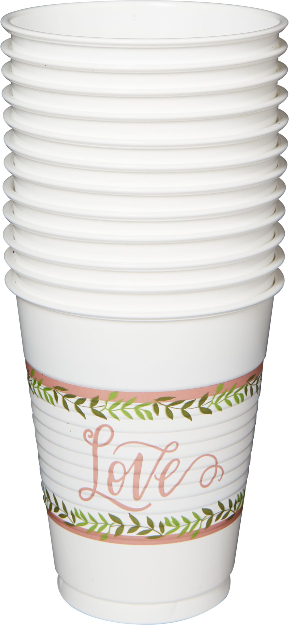 "Love" Plastic Reusable Cups, White/Pink, Greenery, 16-oz, 25-pk, for Engagement/Bridal Shower/Wedding Front_Flat