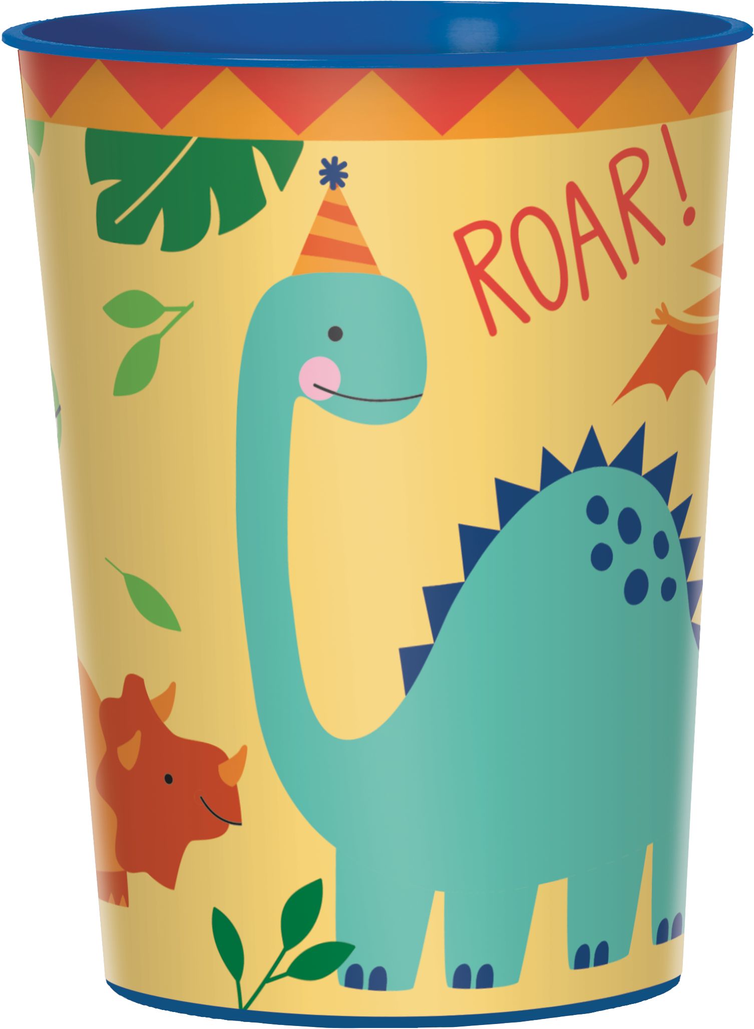 Dino-Mite "Roar" Dinosaur Plastic Reusable Favour Cup, Blue/Orange, 16-oz, for Birthday Party Front_Elevated