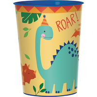 Dino-Mite "Roar" Dinosaur Plastic Reusable Favour Cup, Blue/Orange, 16-oz, for Birthday Party Front_Elevated