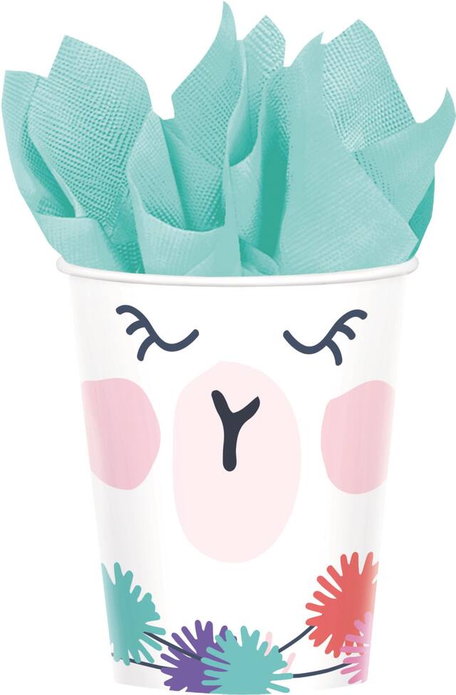 Gobelets en papier pour fête d'anniversaire jetables, Lama amusant, 9 oz,, rose, paq. 8 Front_Flat