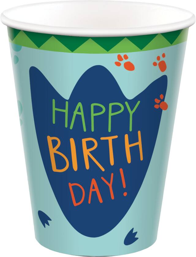Gobelets en papier pour fête d'anniversaire jetables, Dino-Mite, empreintes de dinosaures, 9 oz, paq. 8 Front_Elevated