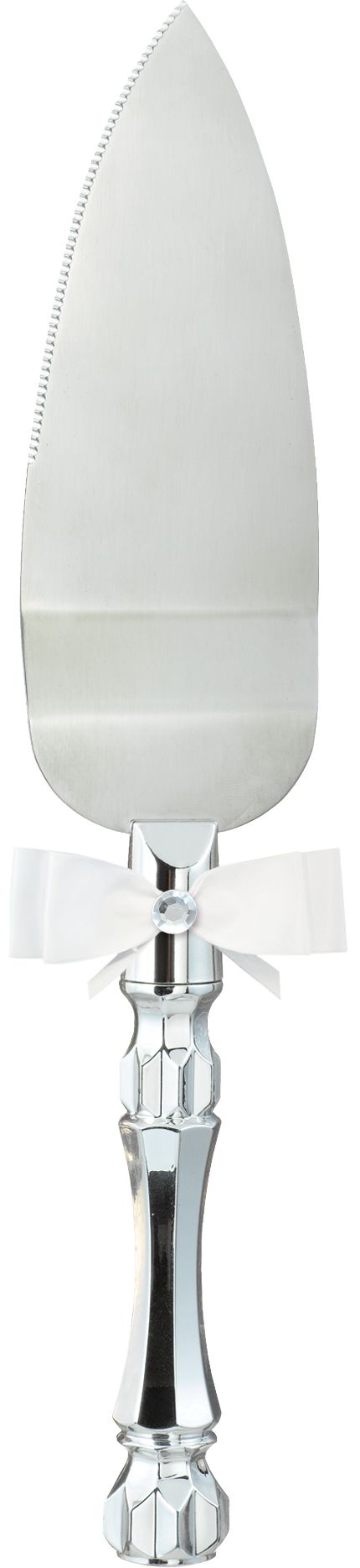 Couteau et pelle à pâtisserie de mariage argenté avec boucle blanche, 2&nbsp;pièces Overhead_Flat