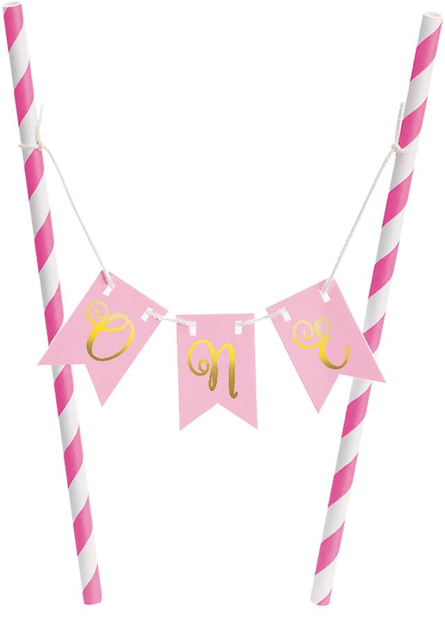 Mini ensemble de support à gâteau 1er annviersaire rose, paq. 2 Front_Flat