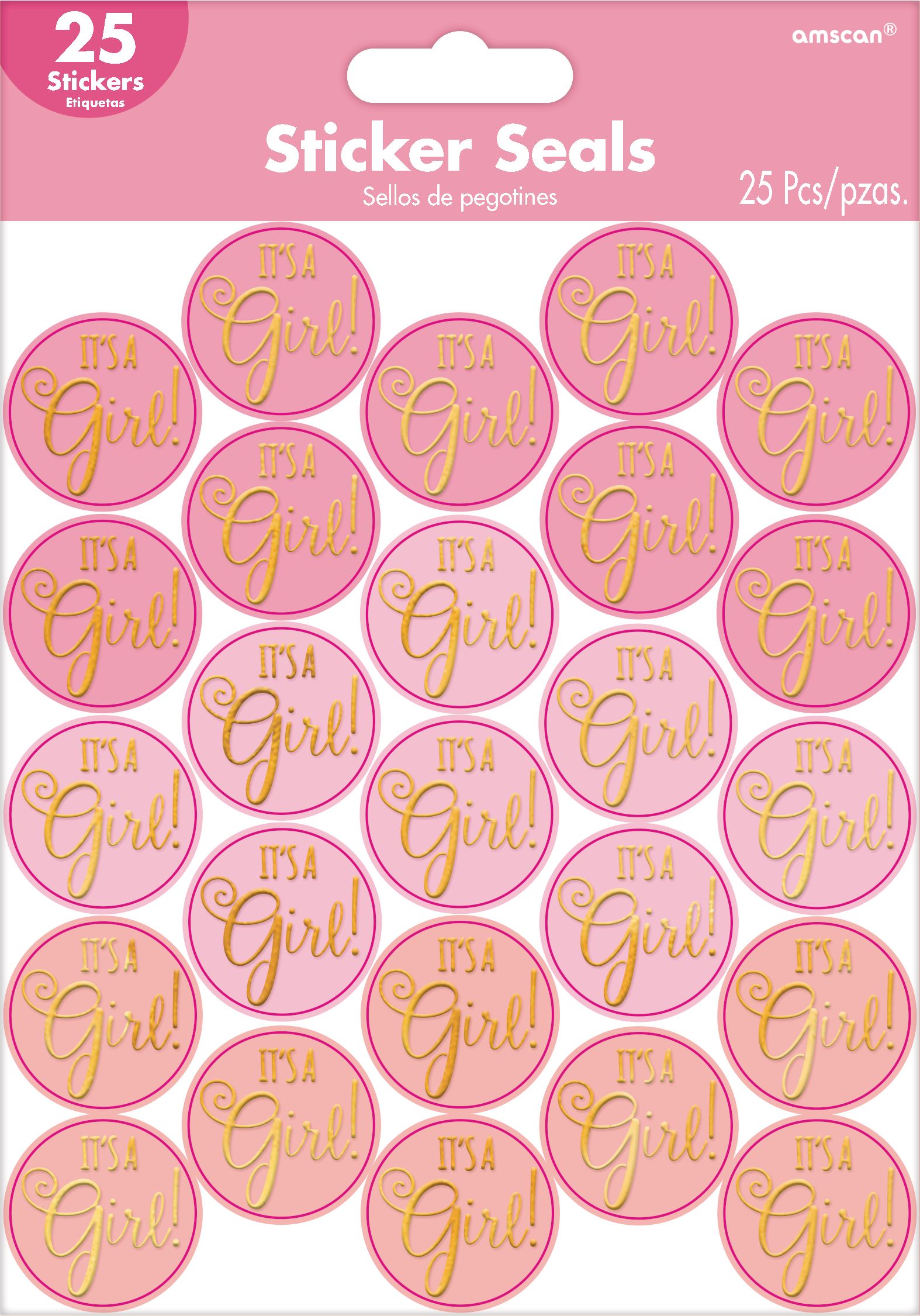 "It's A Girl" Sticker Seals, Pink, 1 Sheet, 25-pk, for Baby Shower/Gender Reveal Front_Flat
