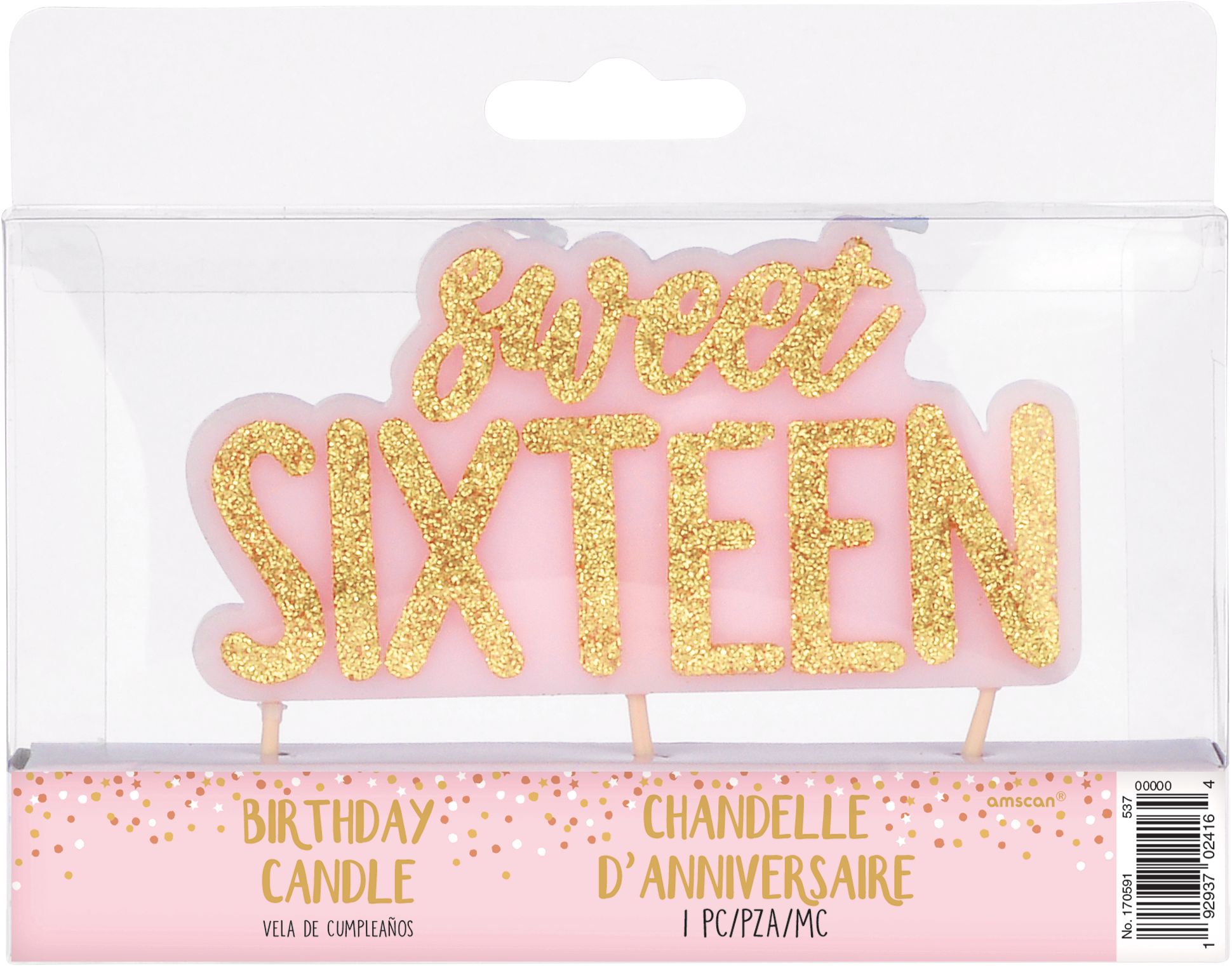Glitter Gold  Pink Sweet 16 Birthday Candle Front_Flat