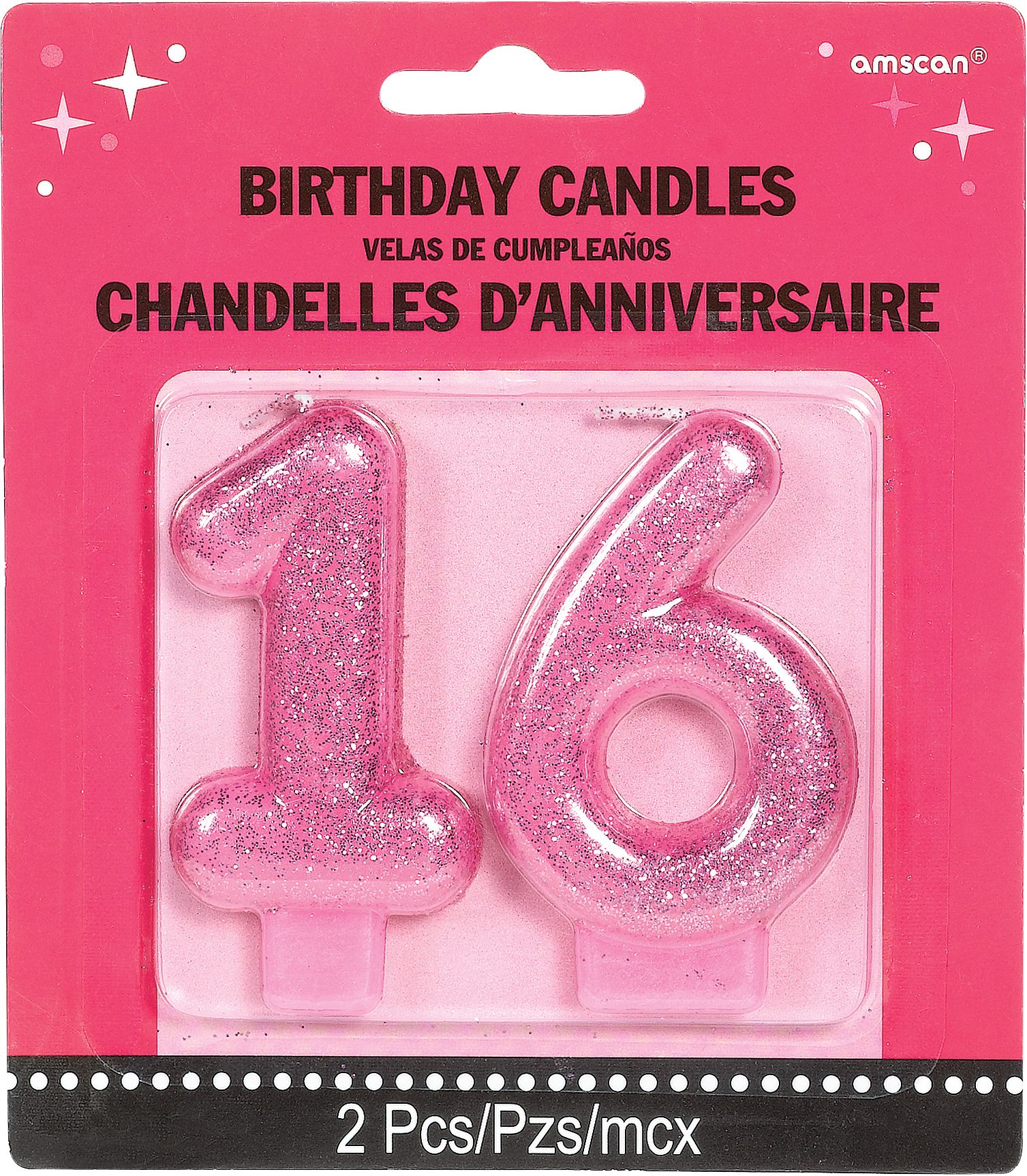 Bougies d'anniversaire Chiffre&nbsp;16 Rose scintillant, 2&nbsp;pièces Front_Flat