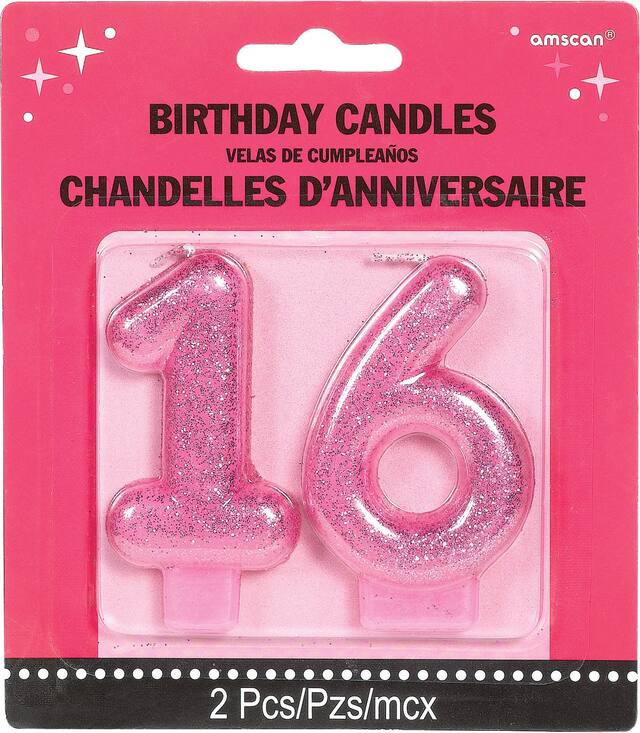 Glitter Pink Number 16 Birthday Candles, 2-pc Front_Flat