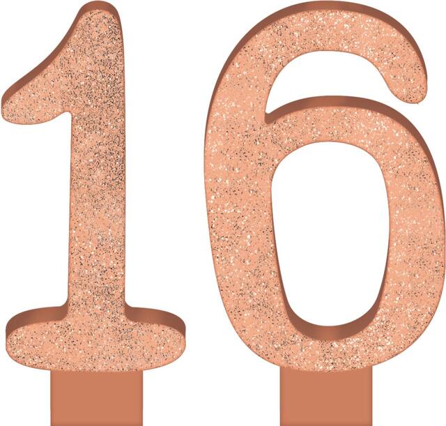 Bougies d'anniversaire Chiffre 16 Or rose scintillant, 2 pièces Front_Flat