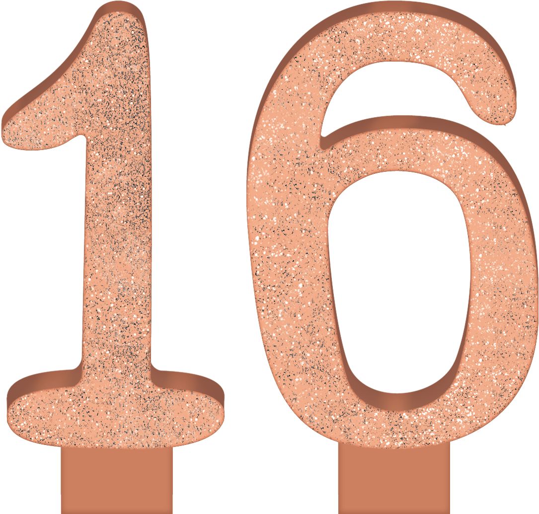 Bougies d'anniversaire Chiffre 16 Or rose scintillant, 2 pièces Front_Flat